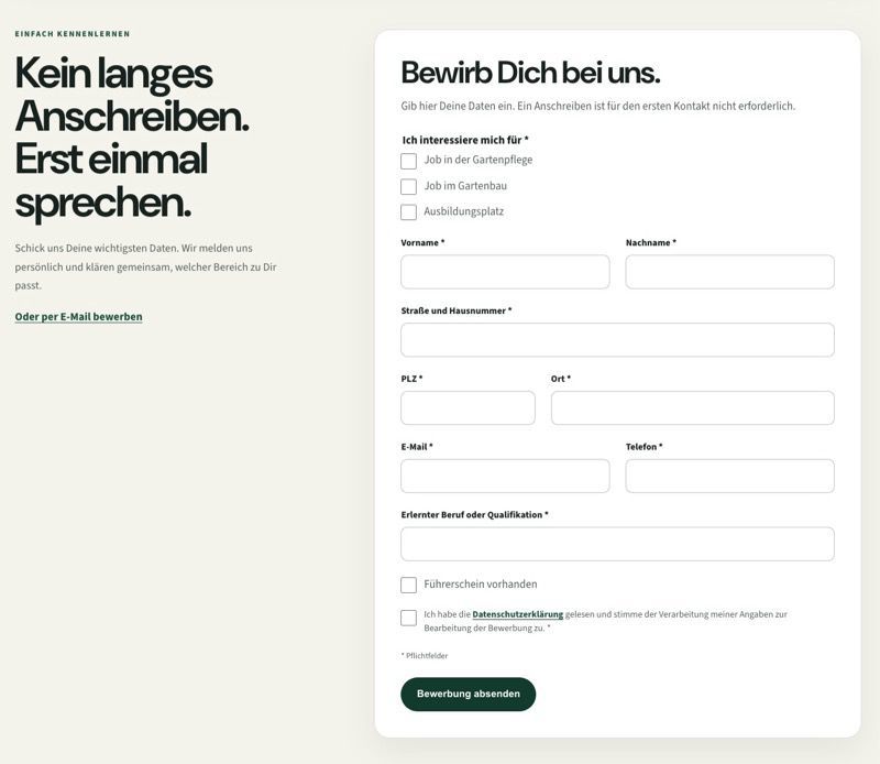 Ausschnitt einer Bewerbungsseite aus einem Kundenprojekt mit kurzem Formular statt Anschreiben